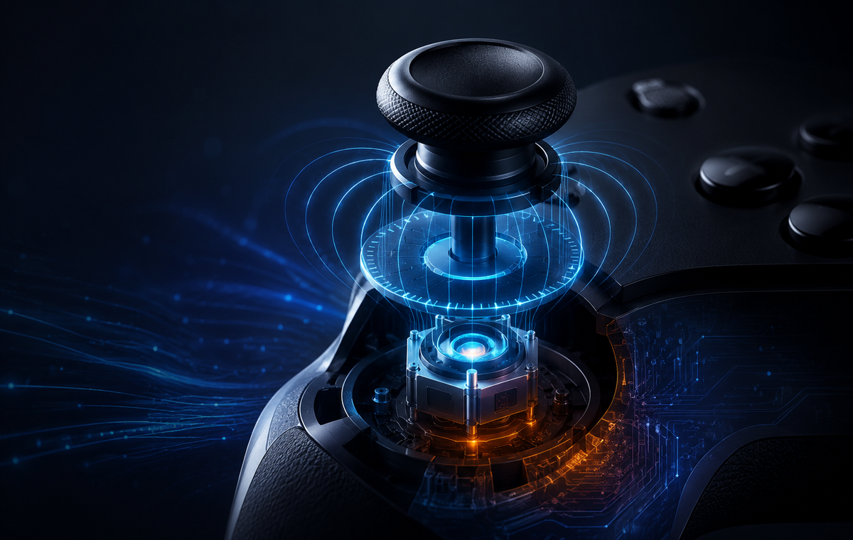 Illustration of a controller joystick with a magnetic sensor cutaway and blue field lines