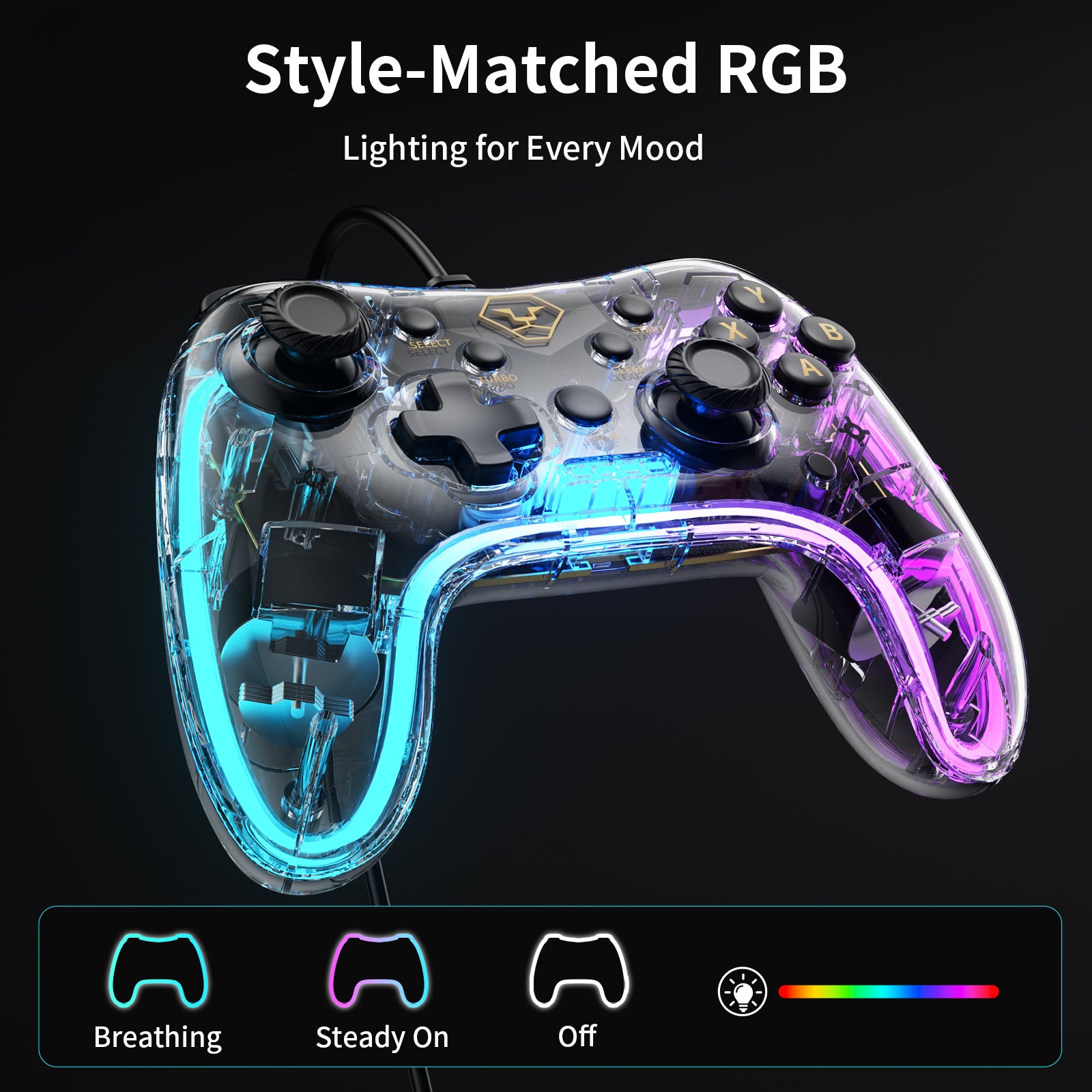 AOLION PC20 Wired Gaming Controller, RGB Transparent USB Gamepad with Turbo, Dual Vibration & Ergonomic Grip, Accessories for Gamers, Compatible with Windows PC, Switch, TV & PS3 Devices, summervibes
