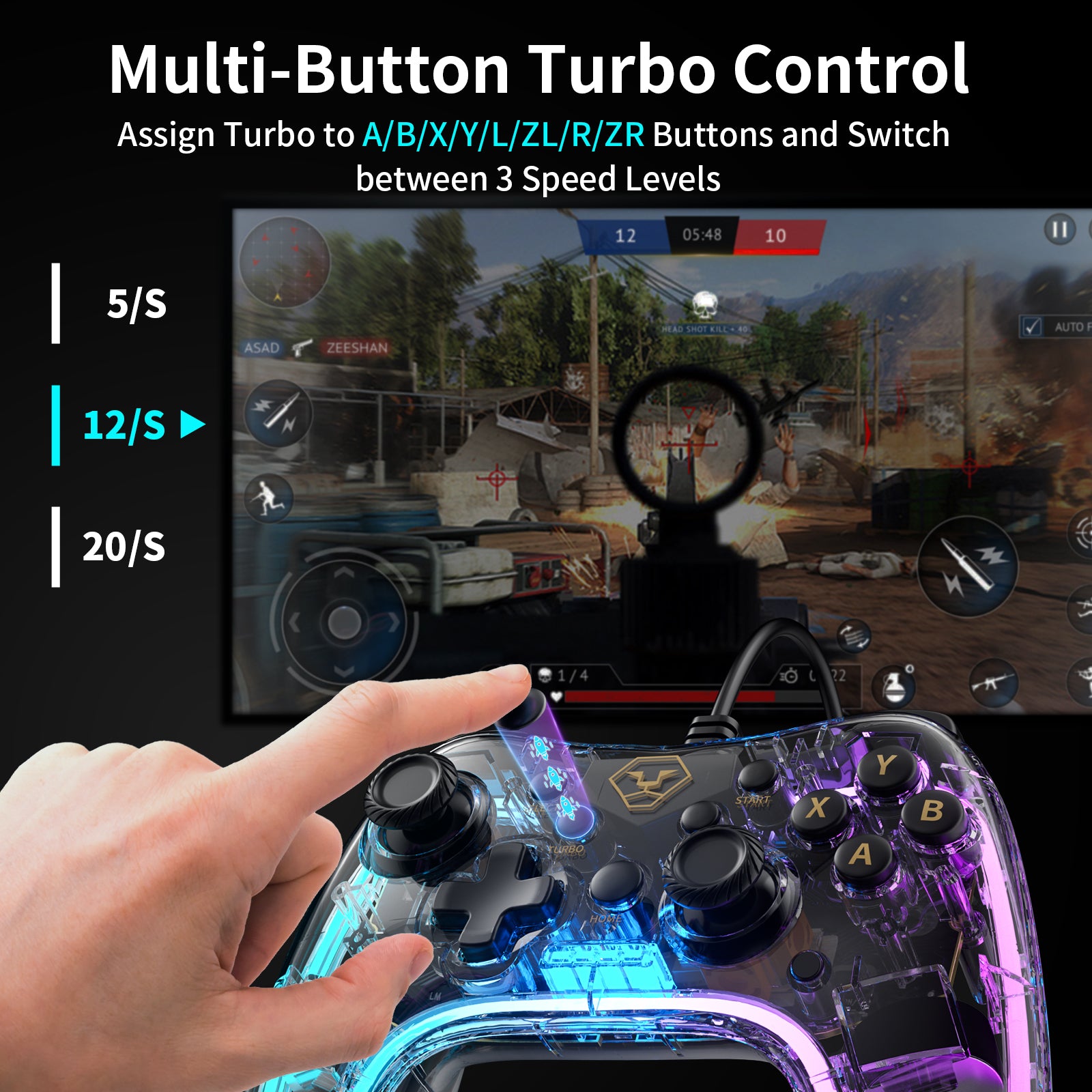 AOLION PC20 Wired Gaming Controller, RGB Transparent USB Gamepad with Turbo, Dual Vibration & Ergonomic Grip, Accessories for Gamers, Compatible with Windows PC, Switch, TV & PS3 Devices, summervibes