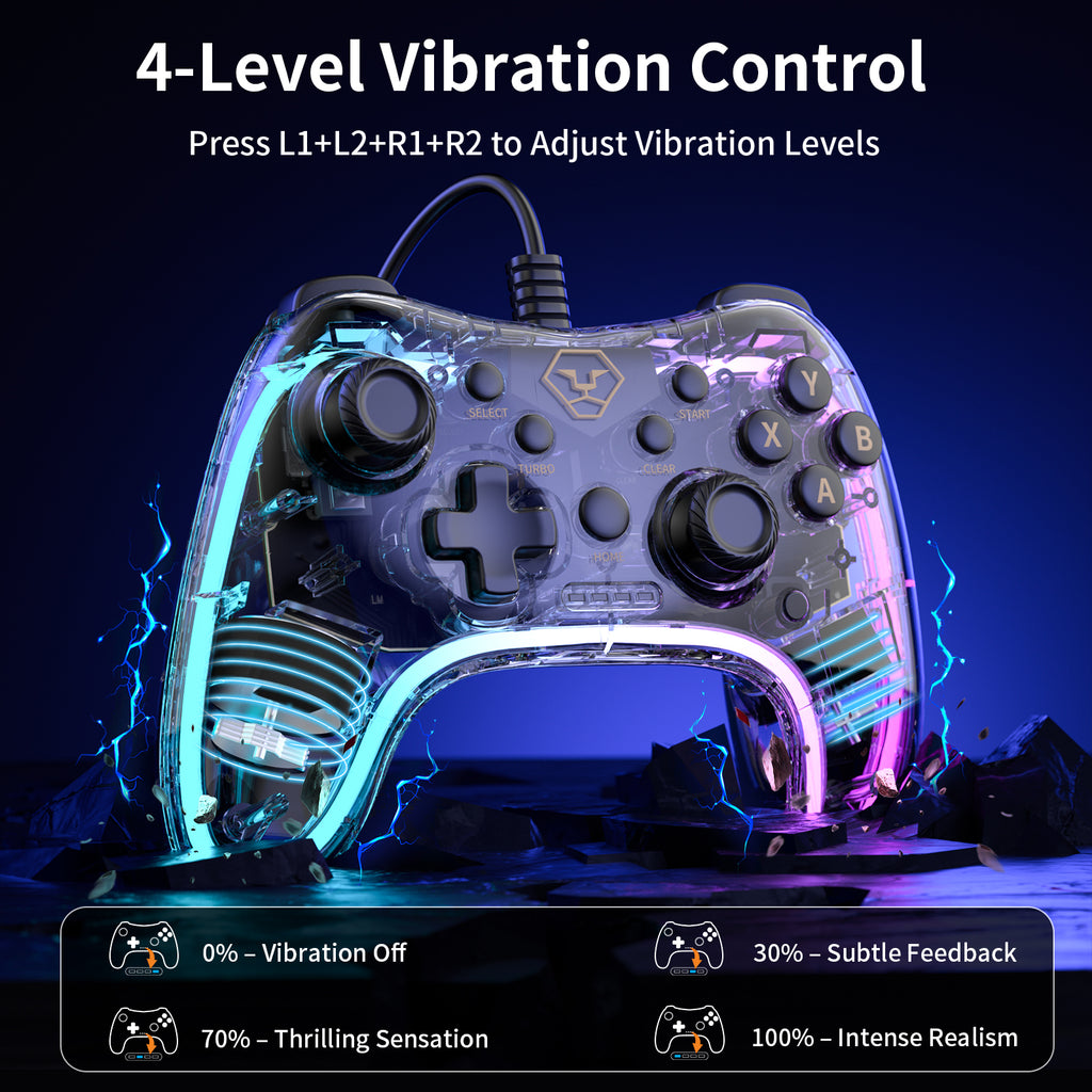 AOLION PC20 Wired Gaming Controller, RGB Transparent USB Gamepad with Turbo, Dual Vibration & Ergonomic Grip, Accessories for Gamers, Compatible with Windows PC, Switch, TV & PS3 Devices, summervibes