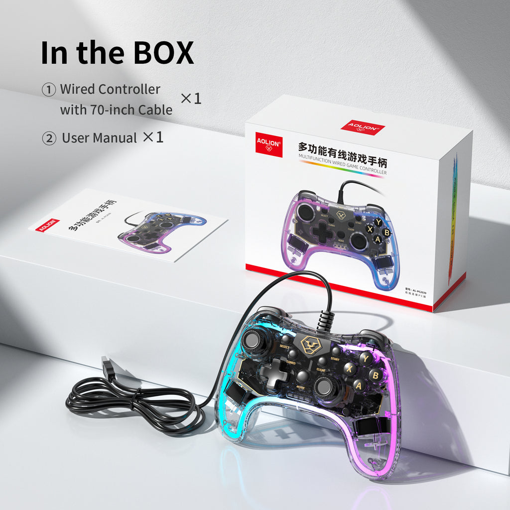 AOLION PC20 Wired Gaming Controller, RGB Transparent USB Gamepad with Turbo, Dual Vibration & Ergonomic Grip, Accessories for Gamers, Compatible with Windows PC, Switch, TV & PS3 Devices, summervibes