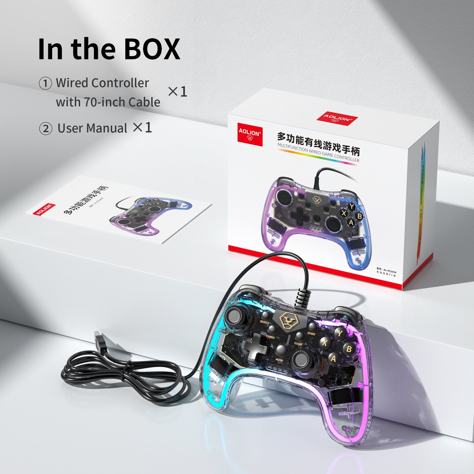 AOLION PC20 Wired Gaming Controller, RGB Transparent USB Gamepad with Turbo, Dual Vibration & Ergonomic Grip, Accessories for Gamers, Compatible with Windows PC, Switch, TV & PS3 Devices, summervibes