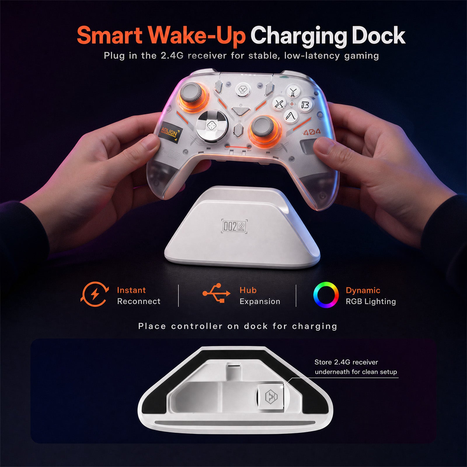 AOLION K20 TMR Wireless Controller with Charging Dock for PC, Switch & Mobile
