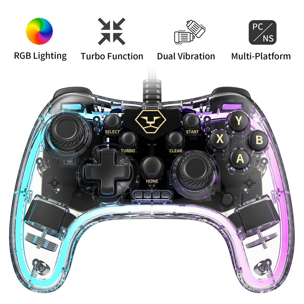 AOLION PC20 Wired Gaming Controller, RGB Transparent USB Gamepad with Turbo, Dual Vibration & Ergonomic Grip, Accessories for Gamers, Compatible with Windows PC, Switch, TV & PS3 Devices, summervibes