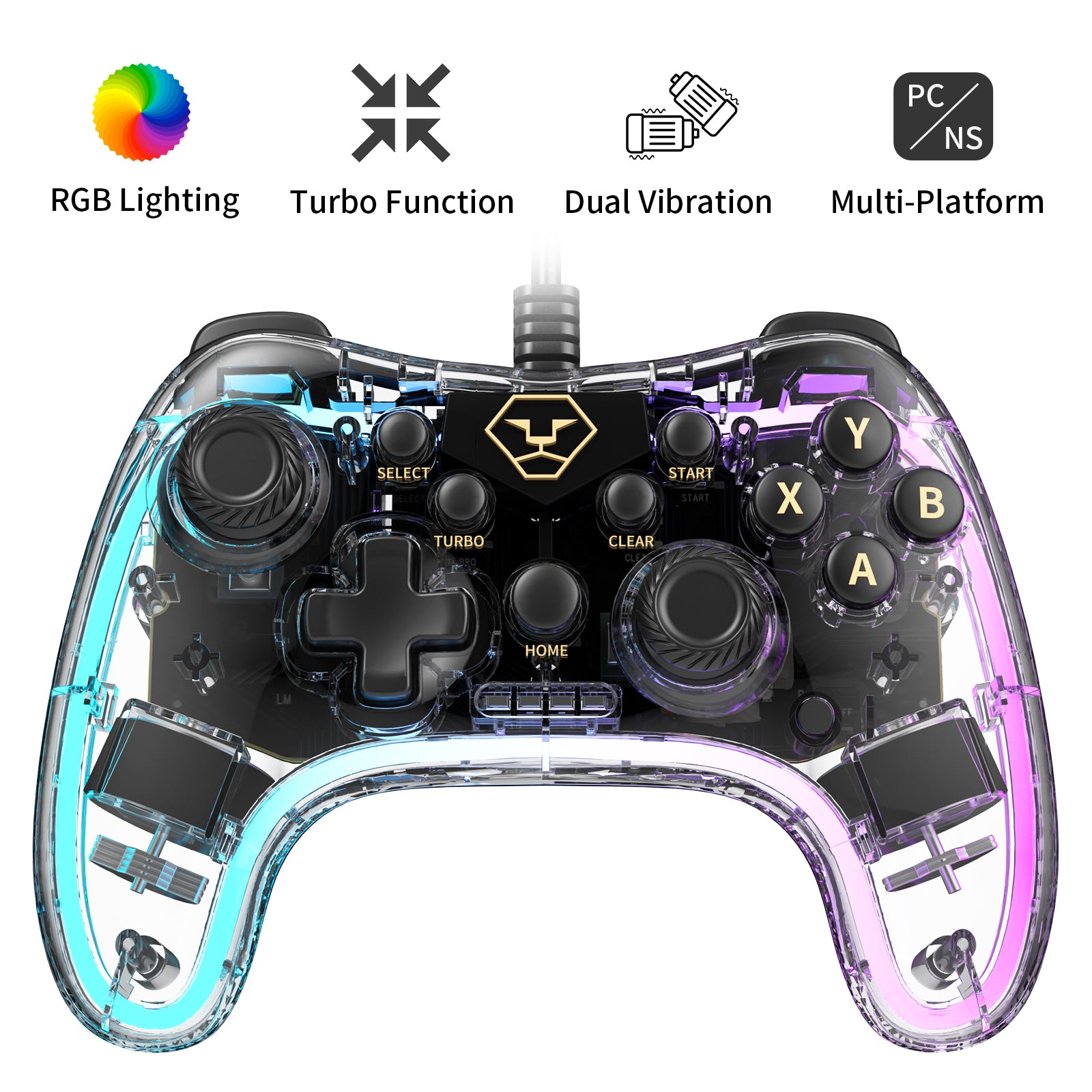 AOLION PC20 Wired Gaming Controller, RGB Transparent USB Gamepad with Turbo, Dual Vibration & Ergonomic Grip, Accessories for Gamers, Compatible with Windows PC, Switch, TV & PS3 Devices, summervibes
