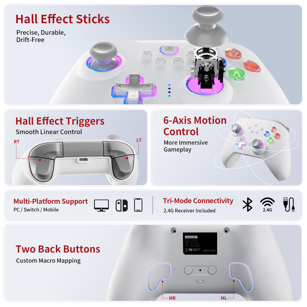 AOLION N10 Wireless Bluetooth Controller, Ergonomic Hall Effect Stick Gamepad, Compatible with PC, Steam, Switch, Accessories for Gamers