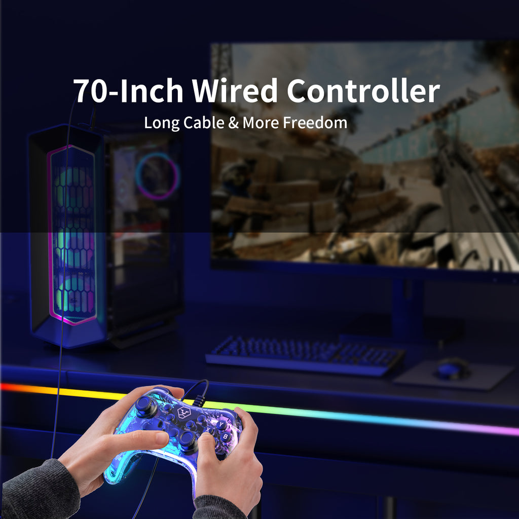AOLION PC20 Wired Gaming Controller, RGB Transparent USB Gamepad with Turbo, Dual Vibration & Ergonomic Grip, Accessories for Gamers, Compatible with Windows PC, Switch, TV & PS3 Devices, summervibes
