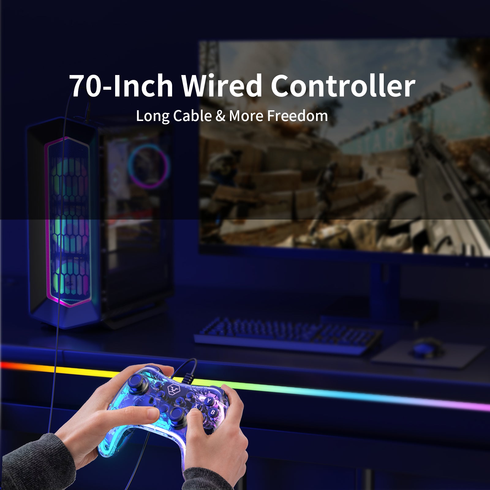 AOLION PC20 Wired Gaming Controller, RGB Transparent USB Gamepad with Turbo, Dual Vibration & Ergonomic Grip, Accessories for Gamers, Compatible with Windows PC, Switch, TV & PS3 Devices, summervibes